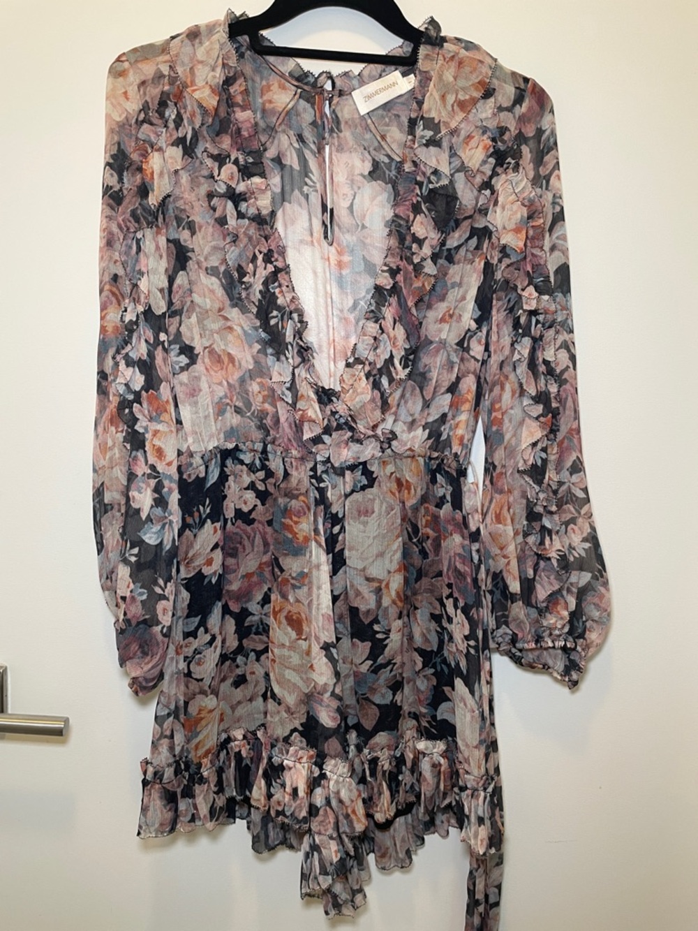Zimmermann Black and Blush Floral Ruffle Long Sleeve Dress